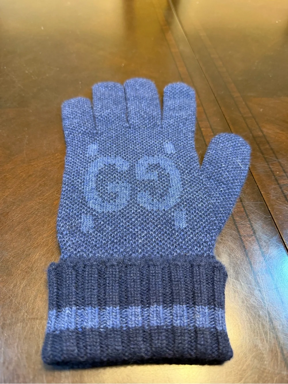 New Authentic Gucci GG Logo Cashmere Gloves Blue Size L